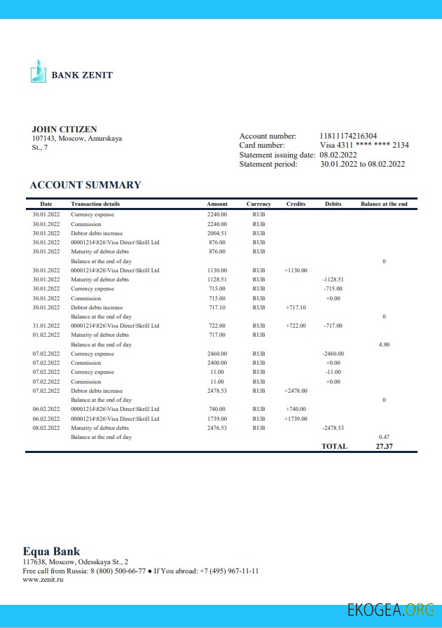 Déclaration de la Zenit Bank de Russie
